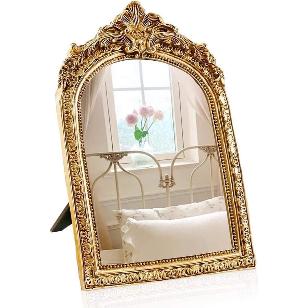 Vintage Makeup Desk Mirror 7 Inch Gold Antique Mirror Frame Decorative Wall Art - Picture 1 of 8